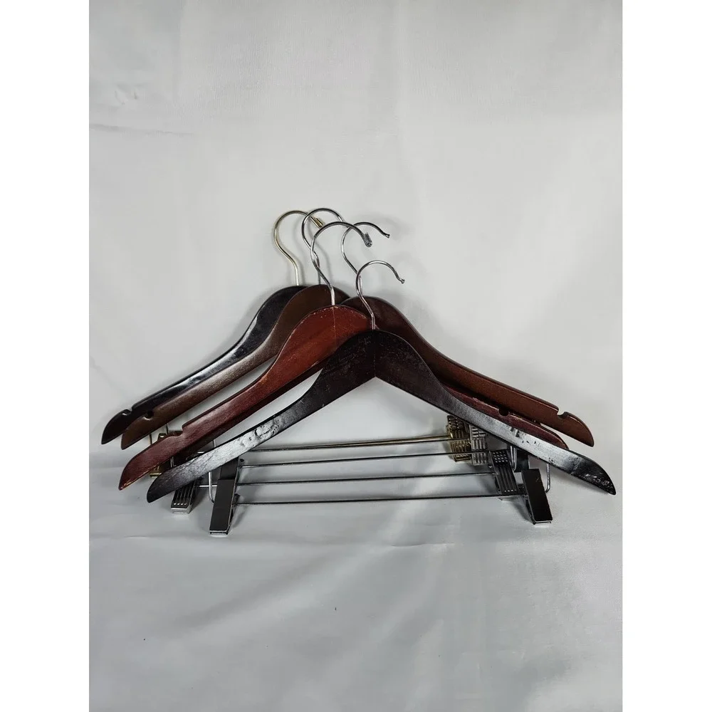 Lot of 5 Wooden Suit Hangers with Adjustable Clips For Pants Skirts Dark Wood